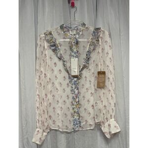 Hemant & Nandita Vana Blouse NWT Women's M Floral Sheer Ruffle Peasant Top